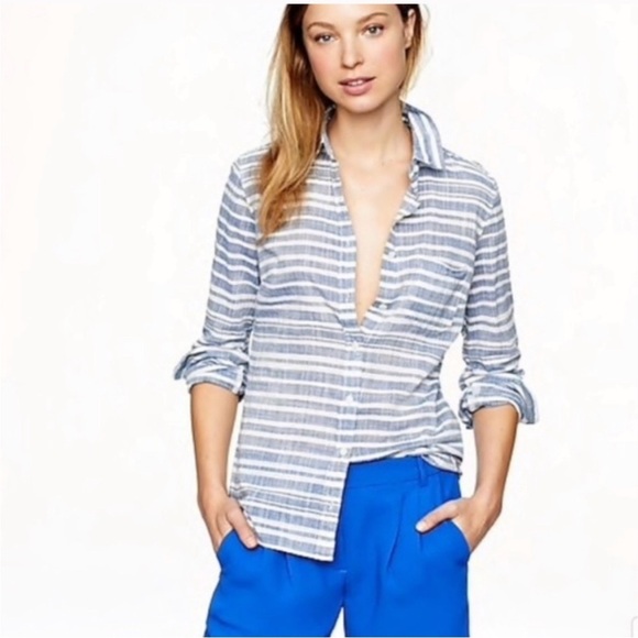 J. Crew Blue and White Stripe Boy Shirt Long Sleeve Button Up Cotton - Picture 1 of 6